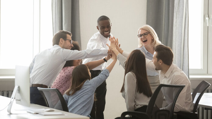 Happy Diverse Employees Business Team Engaged In Teambuilding Gi