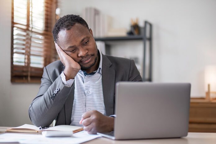 Headache, Stress And Businessman On Laptop In His Office With Ac