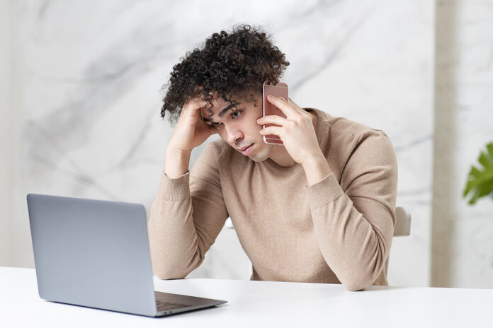 Tired Bored Sad Guy, Young Handsome Latino Ethnic Man Is Talking