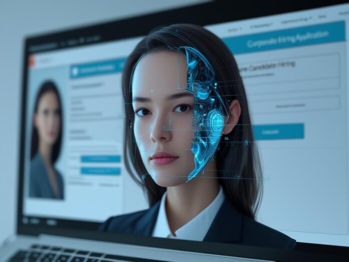 Generate an image to go with an article titled _The AI Impostor_ Shielding Your Hiring Process From Synthetic Fraud_