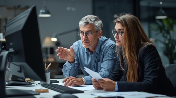 Older worker mentoring young employee in office (1)