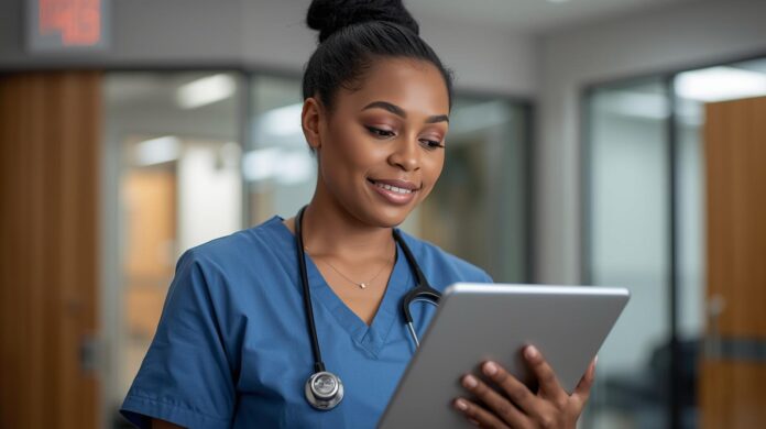 A new nurse using AI-driven learning tools on a digital tablet