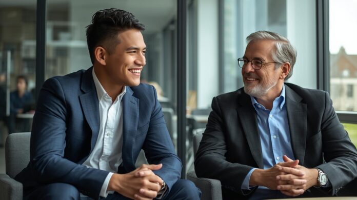 A young (Gen Z) employee sitting next to and talking to a senior, older (65+) colleague in a meeting room (1)