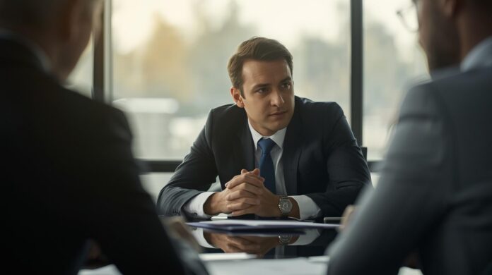A staffing executive at a conference table