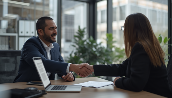 hiring manager and staffing account rep shaking hands